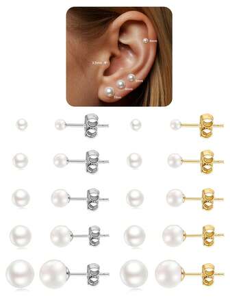 5对珍珠耳钉，女士款，14K包金抛光小珍珠耳钉套装，20G低过敏性不锈钢耳钉，适合敏感耳，轻盈闪亮，适用于耳廓、耳屏、耳软骨等多个耳洞，金银色，尺寸3.5-7毫米