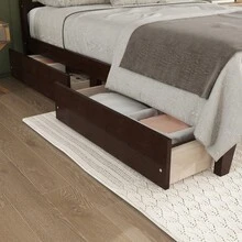 Full Size Bed With Rattan Headboard & 2 Storage Drawers, Solid Rubber Wood Bed Frame With Enhanced Support Slats, Platform Bed In Espresso (Mattress Not Included) - Espresso + Gỗ cao su + Đầy đủ - Xem 5