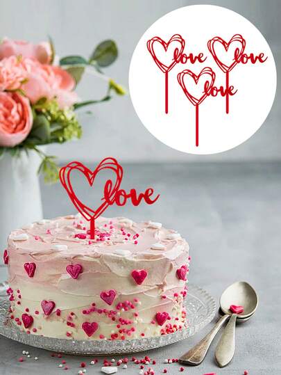 30pcs Red Heart Cake Toppers, Acrylic Cake Decorations For Valentine's Day, Anniversary, Wedding, Party, DIY Cake Decorating Supplies