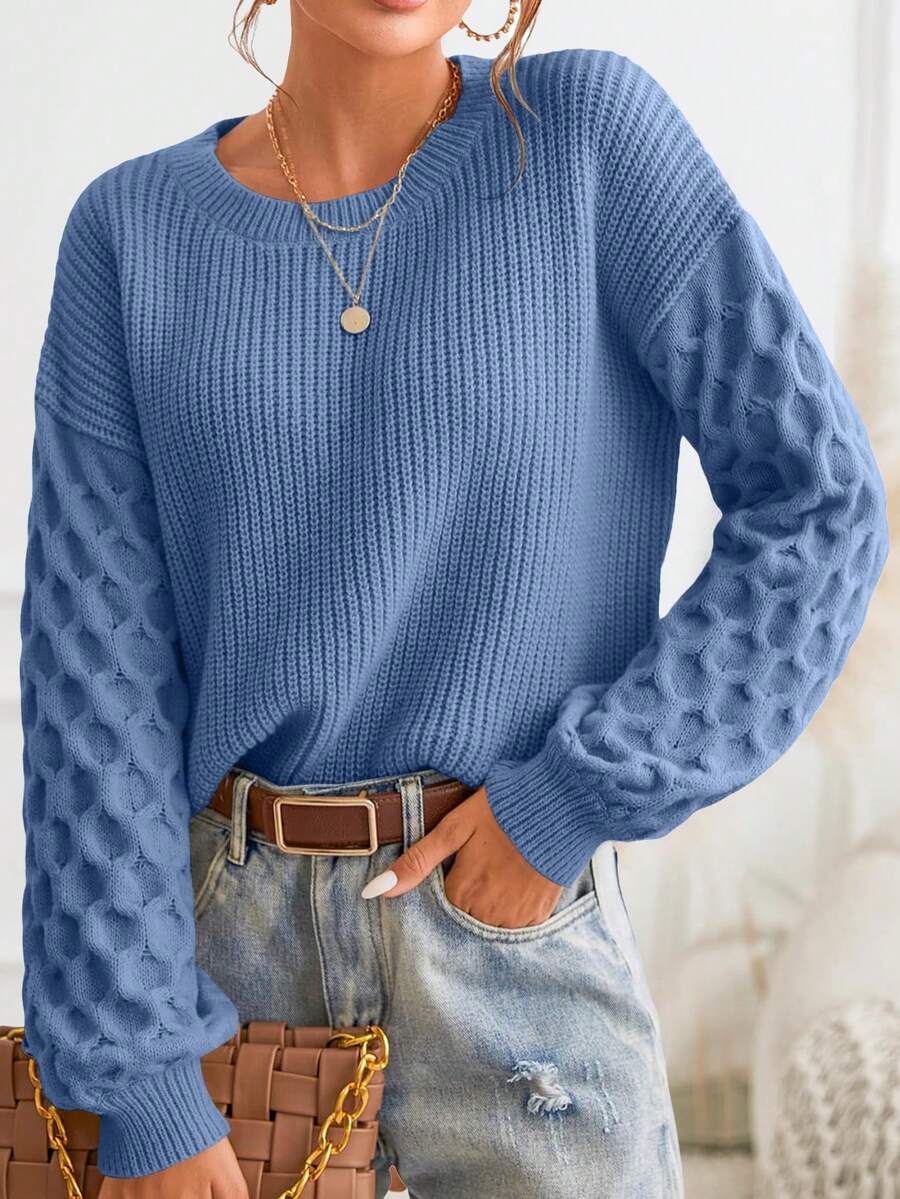 Women's Winter Pullover Sweater Casual Long Sleeve Round Neck Loose Thick Knit Pullover Shirt - 藍色 - 查看 1