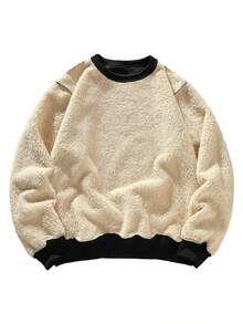 Men's Fashionable Casual Round Neck Warm Lining Sports Fitness Long Sleeve Top, Paris Letter Graphic Print Pullover Fleece Sweatshirt, Autumn/Winter Series, Suitable For Travel And Daily Wear