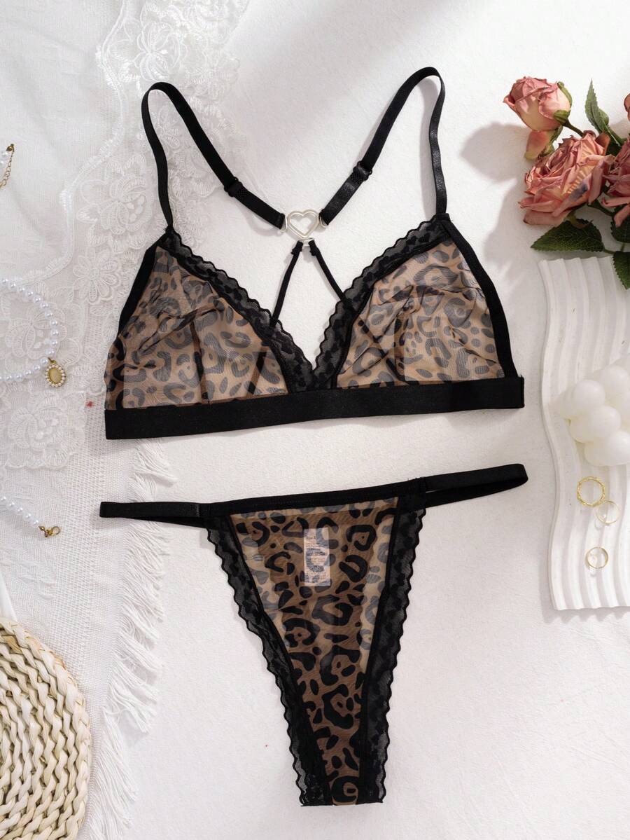 1 Set Women's Leopard Lace Wireless Bra & Panty Set, Sexy Sheer Mesh Lingerie - Multicolor - View 1