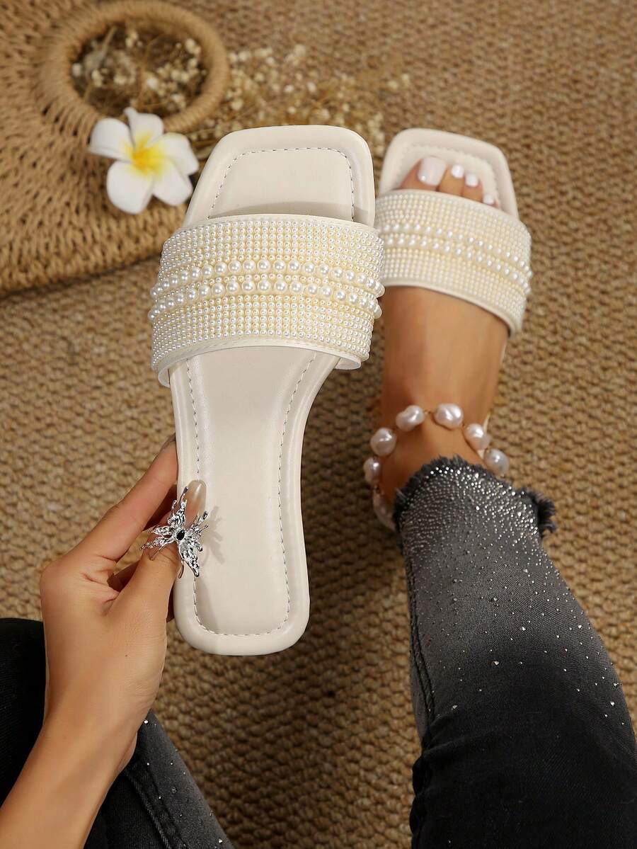 Plus Size Women's Slip-On Rhinestone Decor Open Toe Sandals, Casual Versatile Outdoor Plastic Flat Sandals Non-Slip, Ladies House Slippers For Spring/Summer - White - View 1