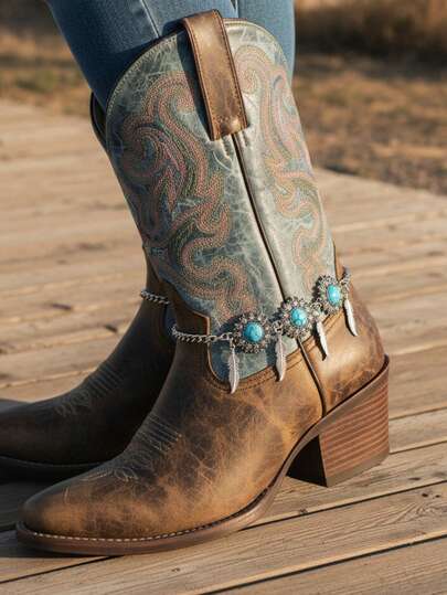 Women's Bohemian Western Boot Chain - Accessory With Turquoise Beads And Tassel Pendants, Ideal For Festivals And Cowboy Boots