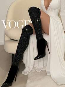 Meias femininas de veludo até a coxa com strass brilhantes – Estilo atraente, sexy e fofo – Meias macias, confortáveis, quentes e duráveis – Perfeitas para uso diário, trabalho, encontros ou festas – Meias-calças da moda de alta qualidade – VOGEL VERE - Preto - Ver 6