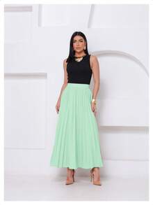 LXC Women's Pleated Skirt, Women's Vintage Midi Skirt, Elegant High-Waisted Long Skirt, Simple, Casual, Pleated, Office, Wedding - 薄荷綠 - 查看 2