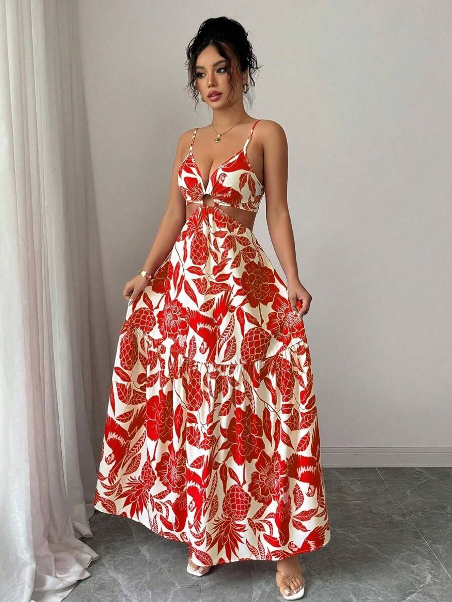 Women's Long Printed Dress With Side Cutouts And Front Ring, Elegant Look - Đỏ - Xem 1