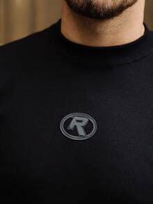 Slim Fit Ribbed T-Shirt, Black Circle Style, American Streetwear Fitted, Ribbed Knit - Black - View 7