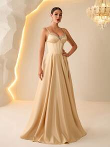 Elisanya Affascinante abito lungo nero con spalline sottili e spacco alto, impreziosito da cristalli decorati a mano, adatto come abito da festa elegante, abito da sera formale, abito da invitata a matrimonio, appropriato per cerimonie di laurea, banchetti, abbigliamento formale - Champagne - Visualizzare 7