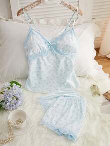 女士性感蕾丝吊带睡裙套装，花卉印花，性感家居服风格，蕾丝边文胸，蝴蝶结装饰。性感内衣