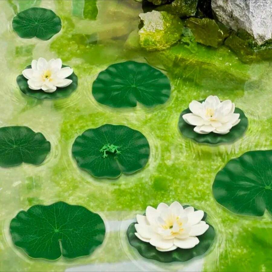 12pcs Elegant Green Leaf White Water Lilies - Durable Plastic Artificial Lotus, Suitable For Aquarium And Home Decoration, Outdoor Pond Decoration, Gifts - Multicolor - View 1