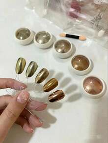 5入金色鏡面亮片美甲粉，亮面美甲藝術粉附1支雙頭眼影刷，適用於美甲藝術、婚禮季節、情人節、美甲用品 - 黃色 - 查看 1