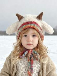 1顶儿童帽子，适合3-16岁儿童，小羊角帽，可爱帽子，防风保暖帽，旅行和摄影道具，羊耳朵可以发出声音，男女宝宝冬季帽子，幼儿发饰，男女通用