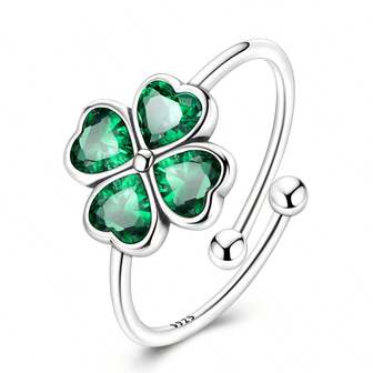 925纯银幸运四叶草开口戒指，简约浪漫，女士幸运戒指，精美珠宝，周年纪念礼物