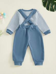 Conjuntos de 2 piezas para bebés varones, mono de rayas con cuello redondo y manga larga, pantalones con tirantes - Azul - Ver 2