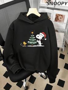 SNOOPY 圣诞树秋冬款连帽衫，休闲圣诞节 - 黑色 - 查看 1
