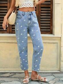 Happy Girl Summer Women's Casual Fashion Minimalist Music Festival Casual Cute Elegant Denim Daisy Embroidered Ladies Jeans Pants - Blue - View 10