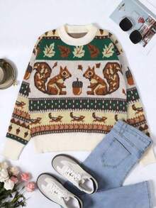 Winter Fashion Casual Ladies Round Neck Squirrel Knit Couple Pullover - Multicolor - View 8