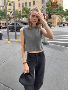 VIBEWAVE Chic Button Knit Vest Camisole For Women, American Style, Slim Fit Autumn New Basic Layering Top - Grey - View 1