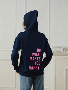 Women's Fashionable Autumn/Winter Hooded Pullover Sweatshirt, Soft & Comfortable Thermal Lining Top - Navy Blue - View 2