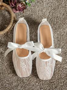 蝴蝶结方头女士平底鞋，时尚镂空透气蕾丝网面平底鞋，温柔优雅的玛丽珍芭蕾平底鞋