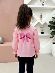 Blusa con maniche a sbuffo a righe rosa e bianche per ragazze, stile dolce e minimalista, carina - Rosa - Visualizzare 5