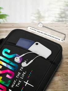 1pc Fashionable And Minimalist Easter Cross Jesus Printed Bible Bag And1pc Stainless Steel Bookmark With Cross And Chain, Handbag With Handle Zipper Pocket - Multicolor - View 5