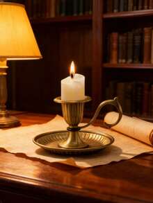 Vintage Neo-Classical Antique Bronze Candlestick | Curved Handle * Radiant Tray Designed To "Catch Wax Drips", Aged Bronze Texture With Patina, Radiant Lines On The Body Like Solidified Sunlight, Elegant Curved Handle - Multicolor - View 3