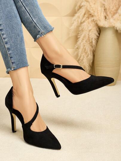 SVRM 女性用 尖った先端 フェイクスエード メタルバックル サイドストラップ ホロウアウト パンプス、エレガントなオフィス通勤ビジネスファッションヒール、スティレット ヒール