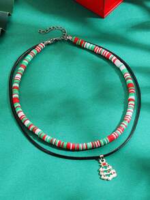 1件圣诞项链（圣诞老人/圣诞树/雪人），时尚多层圣诞项链，适合圣诞节佩戴 - 彩色 - 查看 12