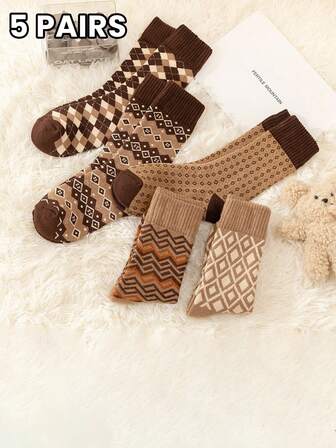 5 pares de calcetines de media caña para mujer para otoño e invierno, engrosados, con diseño de cuadros vintage, cálidos, absorbentes del sudor, transpirables y versátiles para uso casual