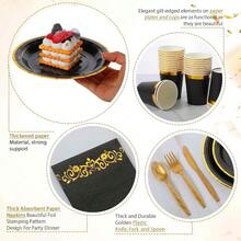 350 Pcs Black Party Dinnerware Set Disposable Paper Plates For 50 Guests 9in And 7in Dinner Dessert Plates Napkins Gold Rim Plastic Cups Knives Forks Spoons For Party Wedding Round Event Supplies With Elegant Gold Trim And -Friendly Materials - Black - View 3