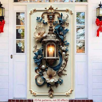2D Polyester Ramadan Door Banner 1pc Exquisite Wall - Mounted Lantern With Floral And Pearl Embellishments Eid Al-Fitr Photo Props And Supplies, Suitable For Muslim Ramadan And Eid Al-Adha Celebrations, Islamic-Themed Holiday Decorations