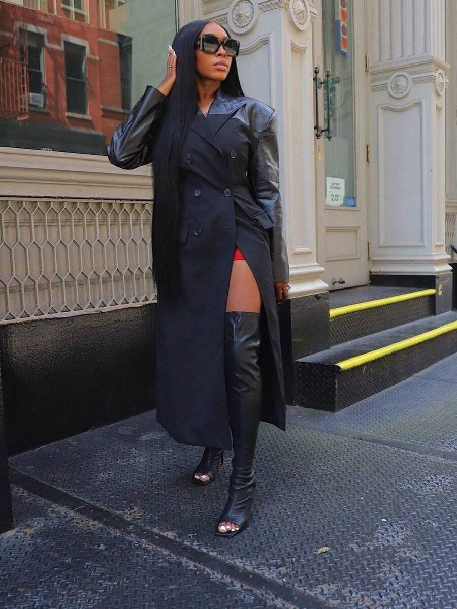 女士时尚开衫，翻领，双排扣，带口袋，PU拼接，宽松休闲长袖外套（带内衬） - 黑色 - 查看 1