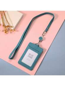 紋理卡片套，可縮收夾和掛繩，適用於學生和專業人士，PU皮革身份證卡卷軸 - 豎 - 查看 15