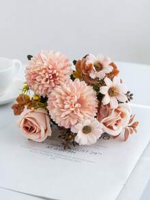 1/80支仿真玫瑰花，丝绸玫瑰，菊花，绣球花束，仿真植物，适用于春秋季婚礼花瓶，家居餐厅卧室装饰，母亲节，父亲节，情人节，节日生日派对用品，户外花园装饰 - 香檳色 - 查看 4
