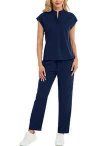 2pcs Solid Color Notched Neck Top And Pants Uniform Set Scrub Set - Navy Blue - View 5