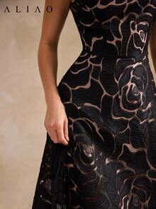 Aliao 优雅蕾丝拼接花卉薄纱无袖连衣裙，端庄得体，适合婚礼季、情人节、秋冬季、白色派对、复古贵族风、宫廷风、吸睛单品、日常优雅、新年等场合。 - 黑色 - 查看 3