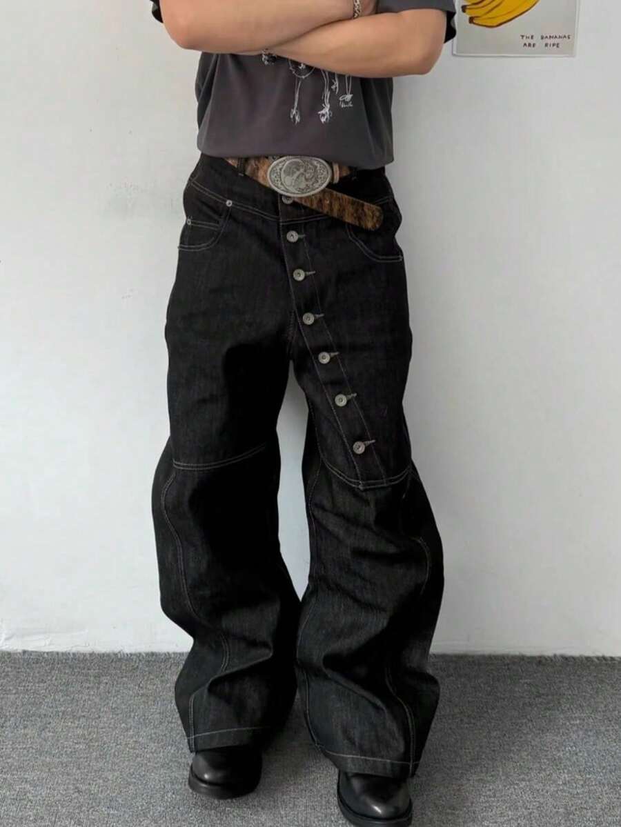 American Style Curved Long Breasted Design Jeans For Men, Niche Retro Casual Pants, Loose And Wide Leg Floor Length Jeans For Men - màu đen - Xem 1