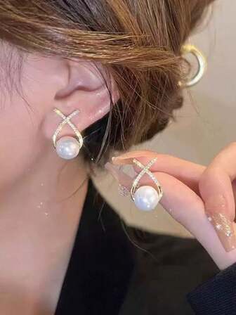 1 par de pendientes de perlas falsas con diseño cruzado, pendientes elegantes para mujeres, pendientes de estilo francés de lujo y estética