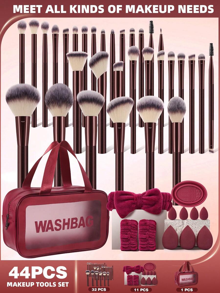 44件套化妆工具套装,包括:1个多功能拉链防水化妆包+32支化妆刷套装+3个化妆海绵+4个迷你气垫粉扑+1个发带+2个手碗挂绳+1套化妆刷清洁工具。旅行必备,情人节礼物,价格实惠,旅行化妆刷套装,女士礼物,化妆师必备,专业全套化妆工具。 - 酒紅色 - 查看 1