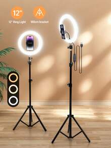 12-Inch Live LED Ring Fill Light | Multifunctional Photography Light, With 180cm Adjustable Stand And Universal Phone Clip, USB Power Supply, Three-Color Switchable, It Is Perfect For Makeup, Video Recording And Halloween Party Live Broadcast. This Universal Stabilizer Allows DIY Compatibility With More Ring Lights And Is Compatible With Cameras. - Black - View 1