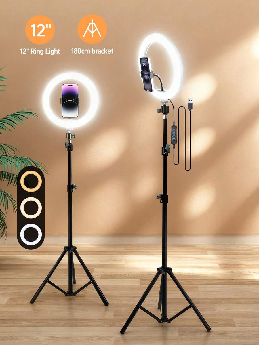 12-Inch Live LED Ring Fill Light | Multifunctional Photography Light, With 180cm Adjustable Stand And Universal Phone Clip, USB Power Supply, Three-Color Switchable, It Is Perfect For Makeup, Video Recording And Halloween Party Live Broadcast. This Universal Stabilizer Allows DIY Compatibility With More Ring Lights And Is Compatible With Cameras. - Black - View 1