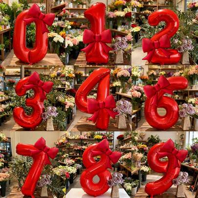 2 quả bóng bay lá kim loại màu đỏ 32 inch số 0-9 có nơ đỏ - Thích hợp cho tiệc sinh nhật, kỷ niệm, ngày lễ và sự kiện ngoài trời - Tuyệt vời để trang trí ảnh, trang trí tiệc | Bóng bay ngày lễ | Bóng bay bền, trang trí bóng bay