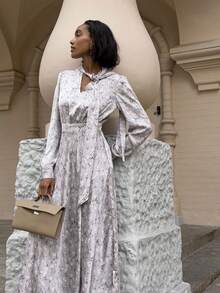 Women's Elegant Long A-Line Printed Dress, Featuring Hollow Neckline, Long Sleeves, And Flared Hem, Woven Fabric, Ideal For Parties - Multicolor - View 3