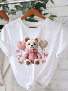 2026 Women's ClothesWomen's Cute Teddy Bear & Balloon Print Short Sleeve T-ShirtLoose And Comfortablesummer Shirts - 白色 - 查看 1