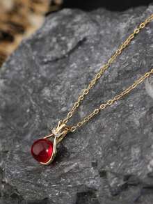 1pc Stainless Steel Chinese Style Gourd & Red Moneybag Pendant Necklace, 18K Gold Plated With Red Agate, Suitable For Daily Wear - 紅色 - 查看 6