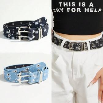 1pc Women's Punk Style Star Studded Jeans Belt, Fashion Decorative Hollow Buckle Leather Belt For Daily Use