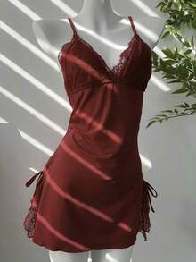 Women's Bow Decor Sexy Camisole Nightgown, Backless Lace Babydoll Dress With Adjustable Straps, Deep V Sexy Lingerie, Floral Lace Contrast Color Soft Knit Robe And Pajamas, Women's Solid Color Fitted Slit Nightgown, Suitable For Bedroom, Honeymoon, Anniversary, Bridal Gift, Pajama Party - 酒紅色 - 查看 6