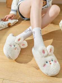 New Cute Lamb & Rabbit Design Slippers, Comfortable Indoor Wear, Non-Slip, Fluffy, Flat, Suitable For Women, Winter, Home - Pink - View 3